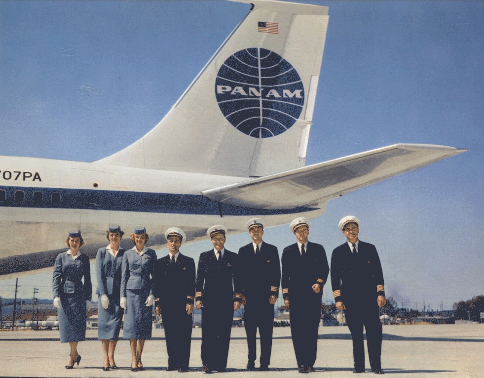 1958-A full crew compliment pose by the tail of newly delivered N707PA Clipper America a Boeing 707.