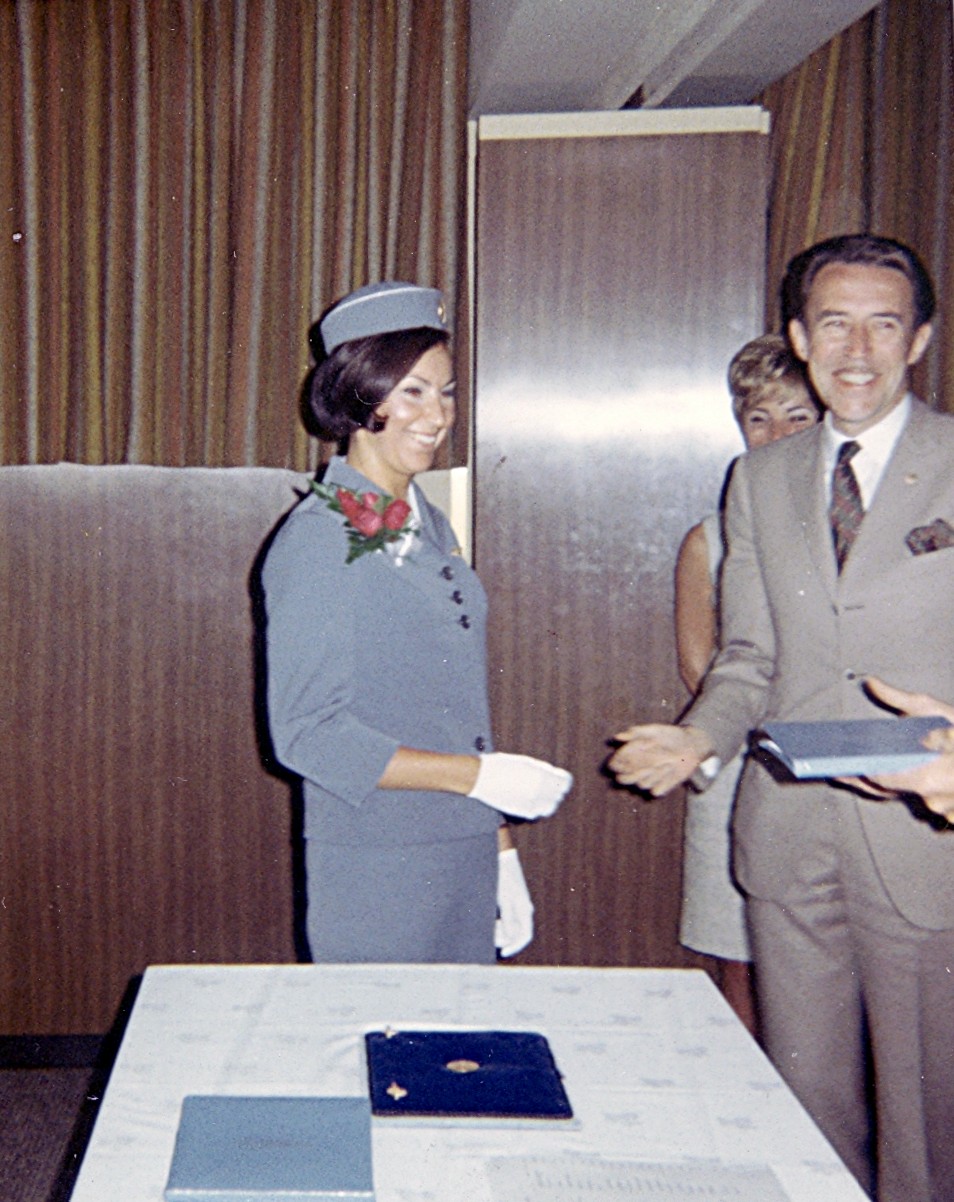 1968 May, Maureen van Leeuwen about to receive her wings from her proud father, Gerald van Leeuwen, at the Pan Am Flight Service Academy Miami, Florida.
