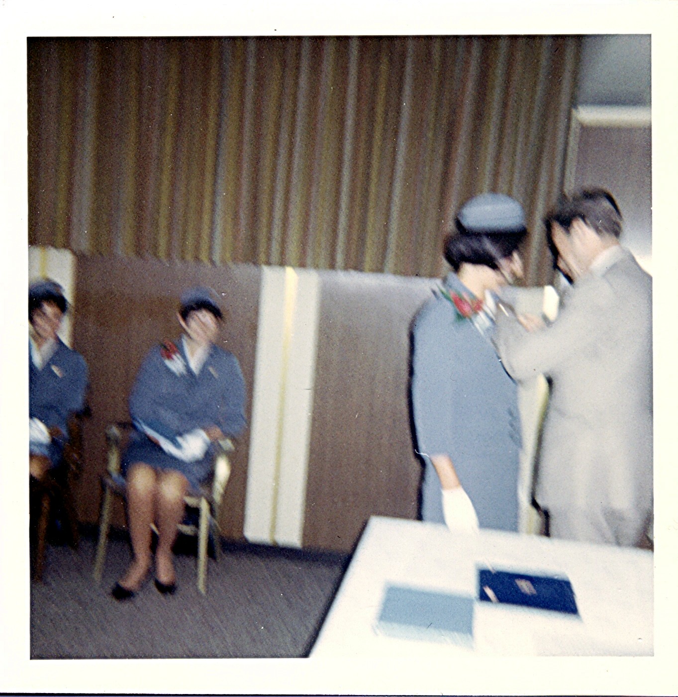 1968 May, Maureen van Leeuwen receives her wings from her proud father, Gerald van Leeuwen, at the Pan Am Flight Service Academy Miami, Florida