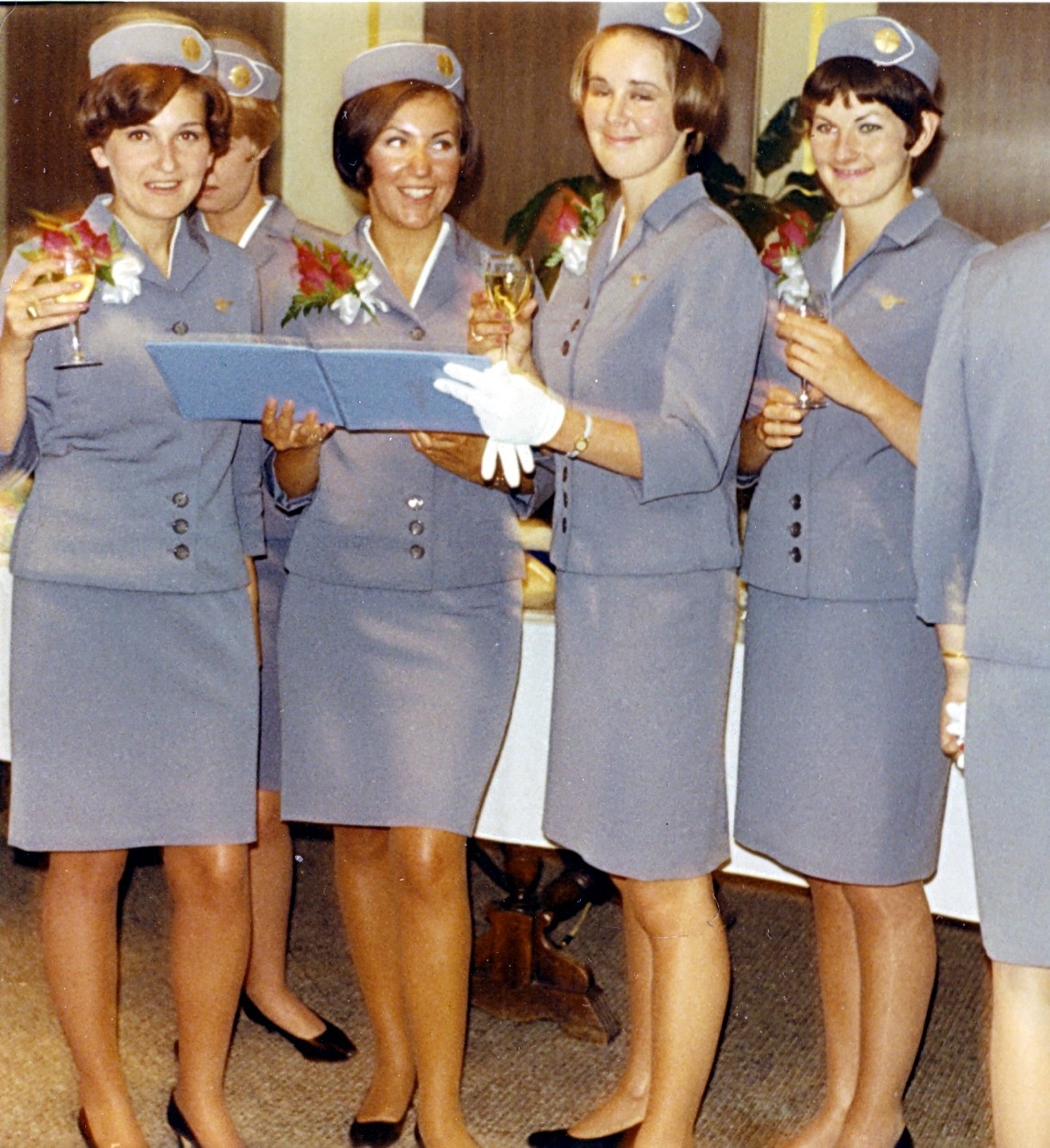 1968 May, Donuta (Diane Wolk, Maureen van Leeuwen,, Leslie Watson and Christine Buys on Graduation Day from the Pan Am Flight Service Academy in Miami, Florida.