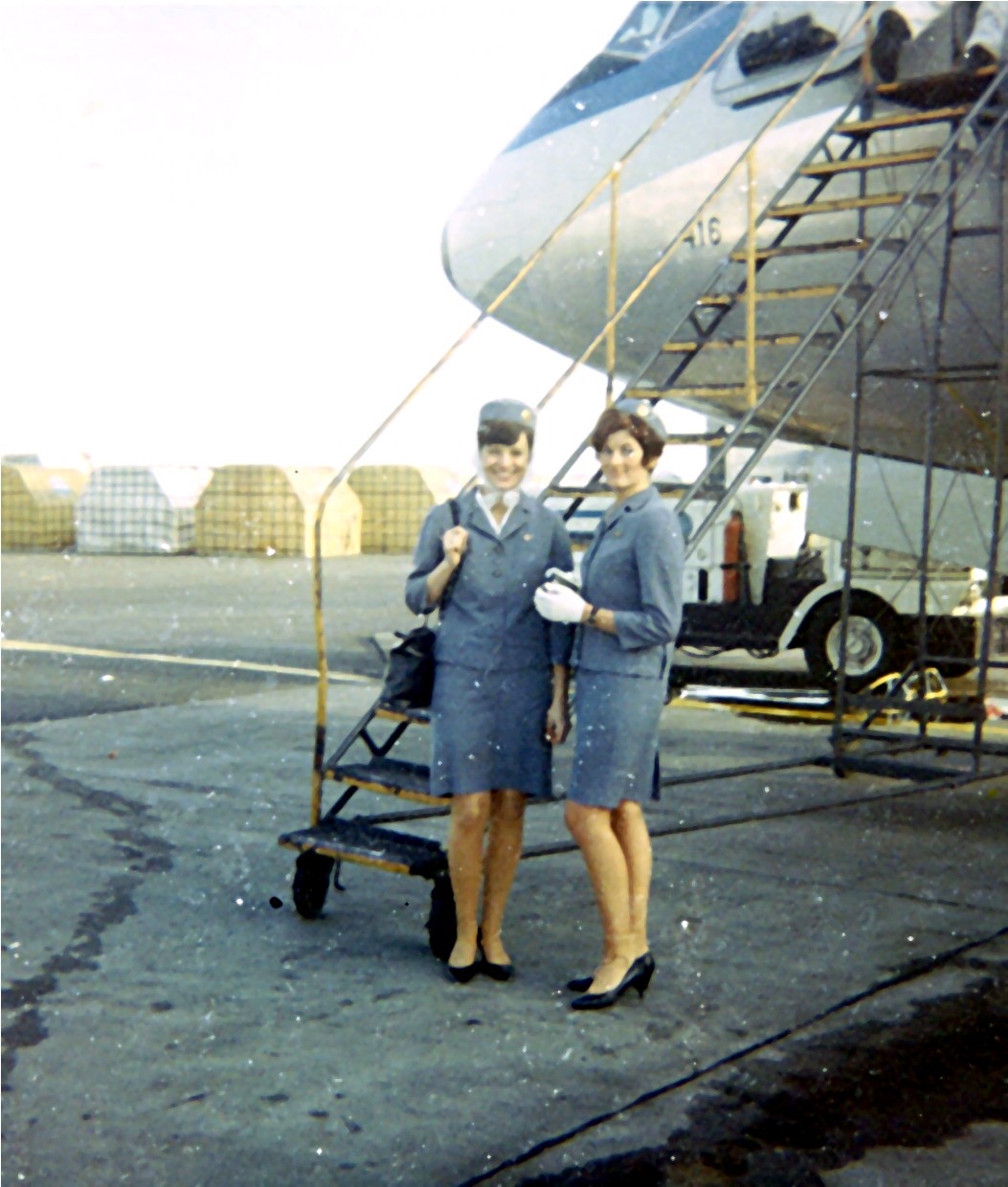 1968 Edwards Air Force Base California, Barbara Yost, left, and Christine Buys, right, ready to board a Military Airlfit Command troop transport flight to Vietnam aboard a Pan Am Boeing 707 N416PA Clipper Paul Jones.