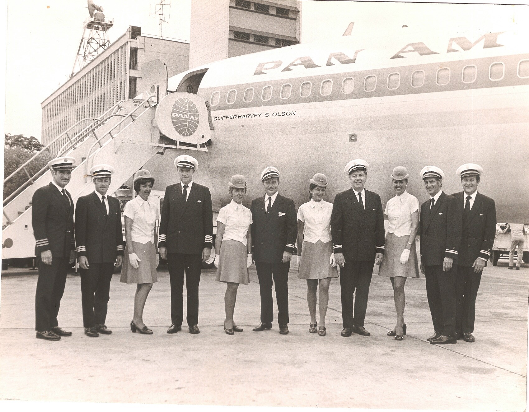 1970s Ray & Andree Le Dour pose with fellow crew members by a Pan Am Boeing 707 while serving on an Olson Charter.  The Olsen Charters were an exclusive round-the-world all first class service.