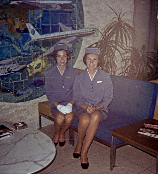 1968 May, Susan Henrickson on left and Maureen vanLeeuwen on right  in the Lobby of the Pan Am Flight Service Academy Miami, Florida.