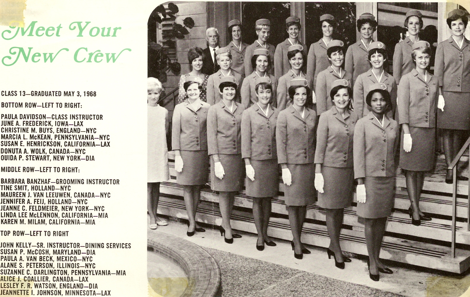 1968 May, Class 13 on the steps of the Pan Am Flight Service Academy Miami, Florida